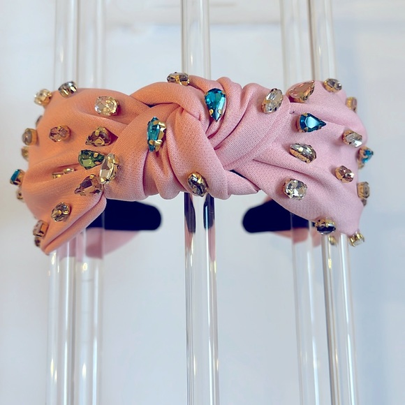 Baby Pink Fabric and Colorful Hued Rhinestone Jewel Headband lined flexible 💖 - Picture 4 of 9